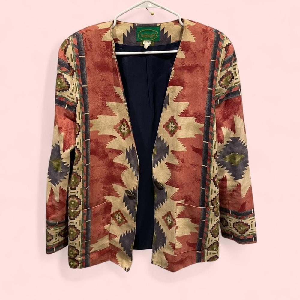 Vintage 80’s boho western luxury canvas lined aztec print blazer silver buttons
